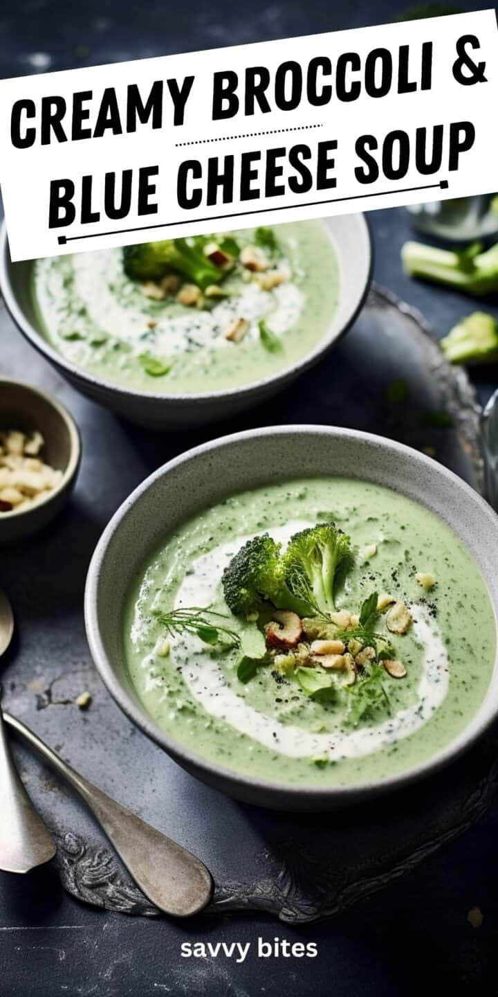 Creamy broccoli and stilton soup with text overlay.