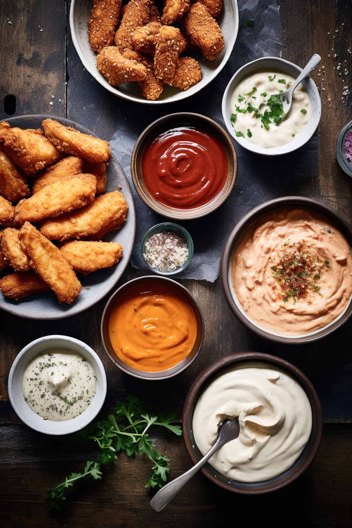 Dipping sauces in bowl for chicken goujons.