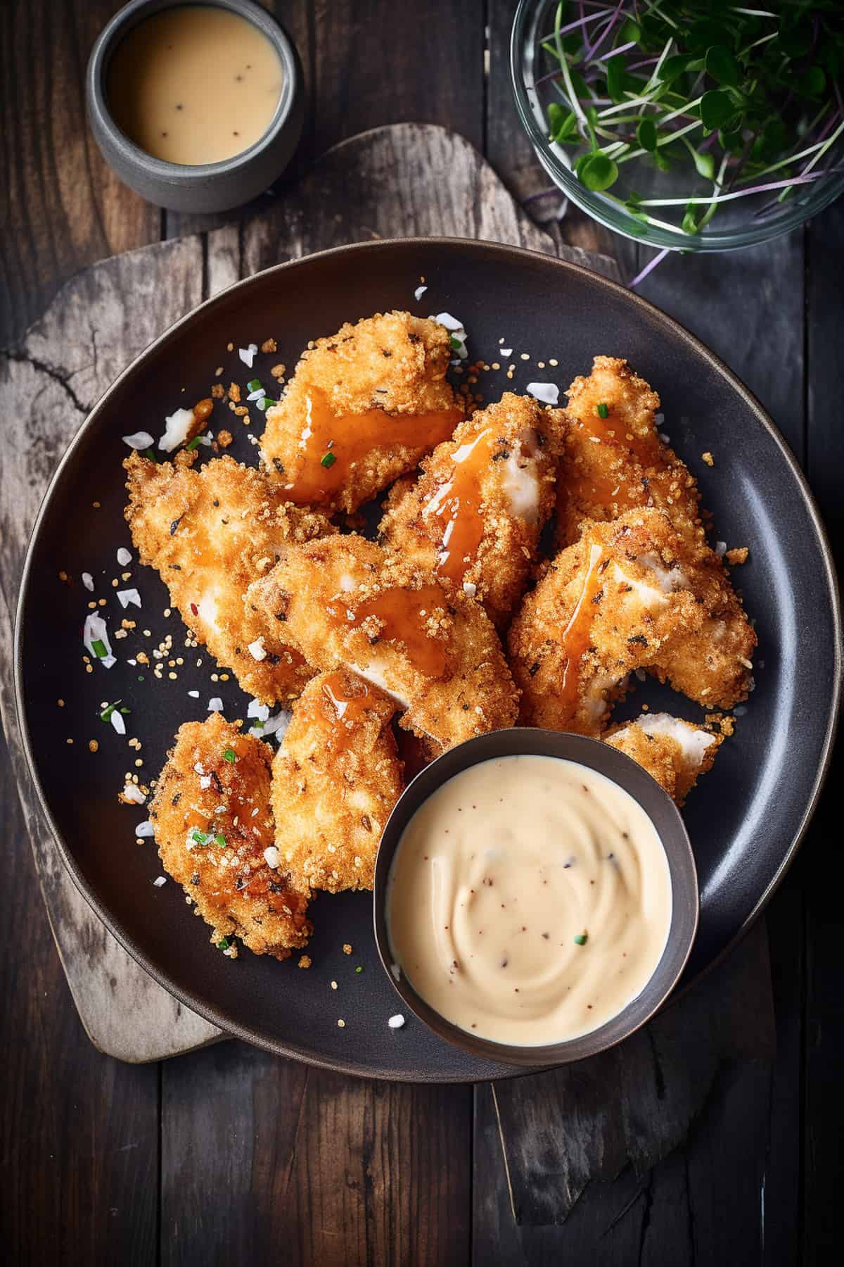 Chicken goujons on a plate with dipping sauce.