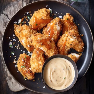 Chicken goujons on a plate with dipping sauce.
