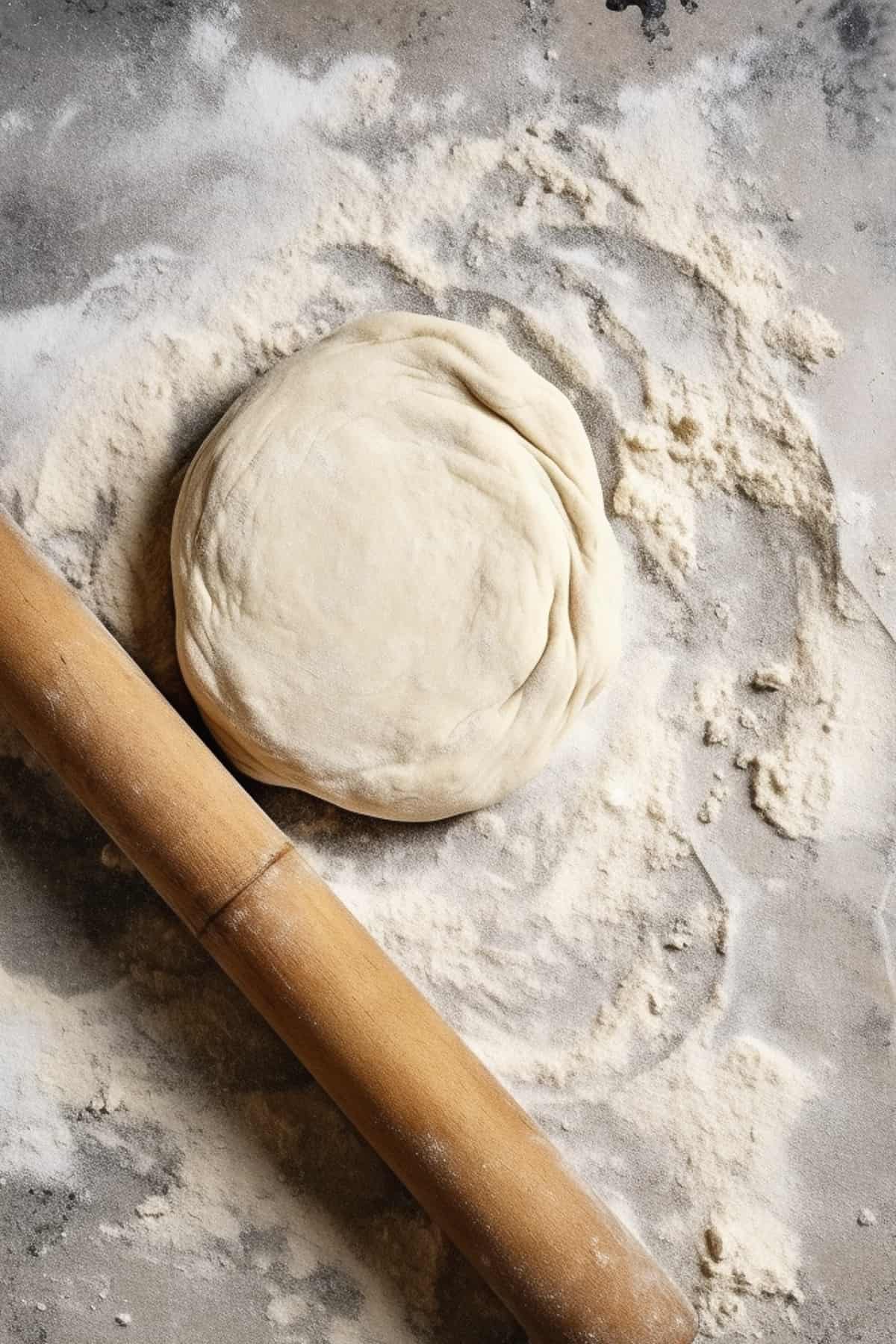 Naan bread dough being rolled out on a floured surface.