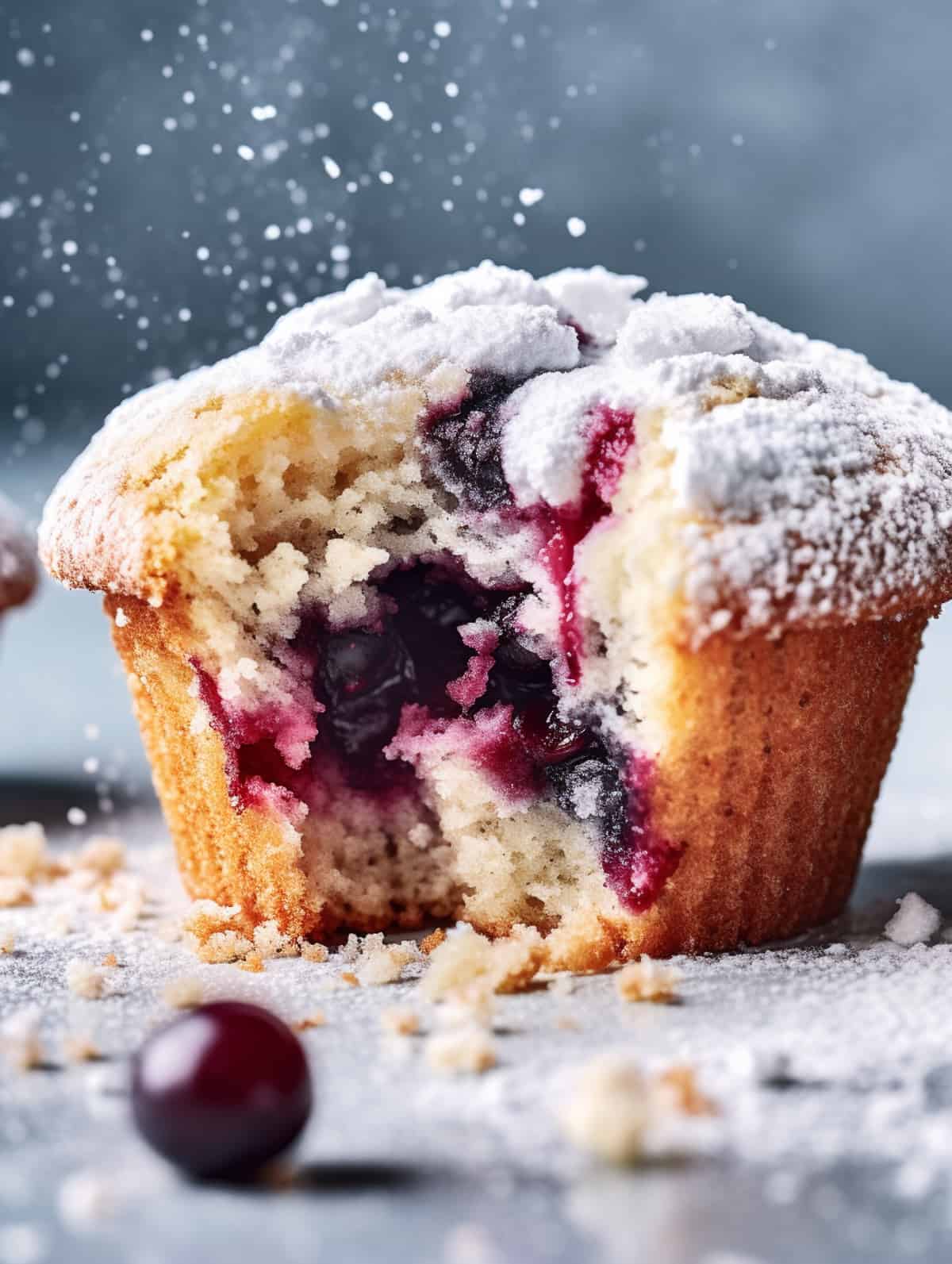 Blueberry muffin with icing sugar being dusted.