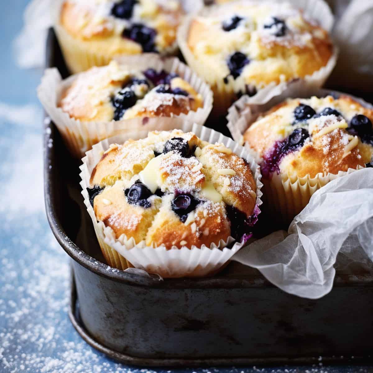 Fresh baked blueberry muffins in a baking tin.