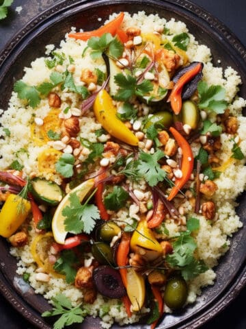 Moroccan couscous with roasted vegetables and herbs.