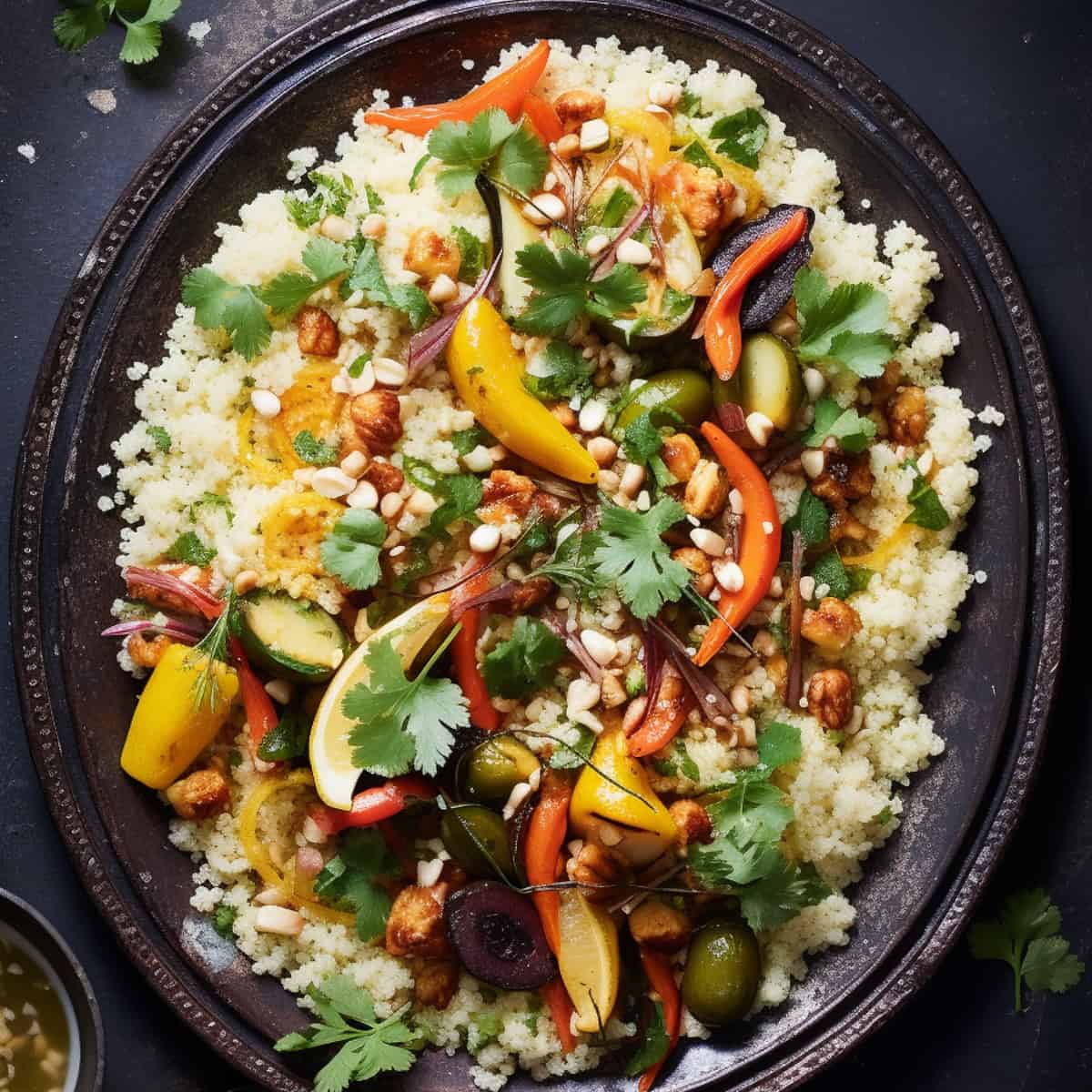 Moroccan couscous with roasted vegetables and herbs.