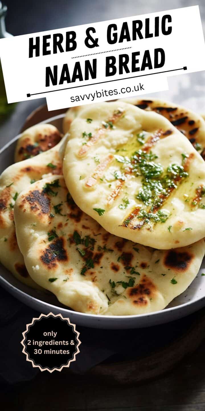 Fluffy naan bread on a plate with herb butter.