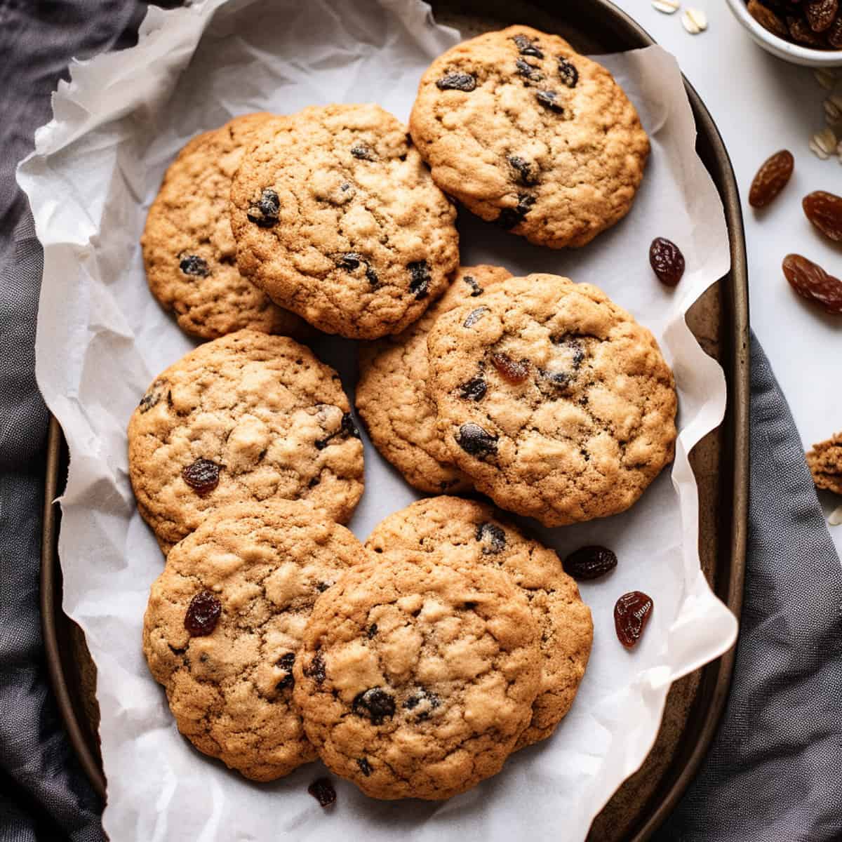 Oatmeal raisin cookies on a baking tray.