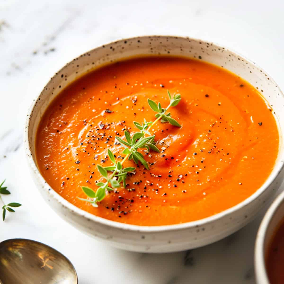 Roasted tomato soup in a bowl with thyme and olive oil.