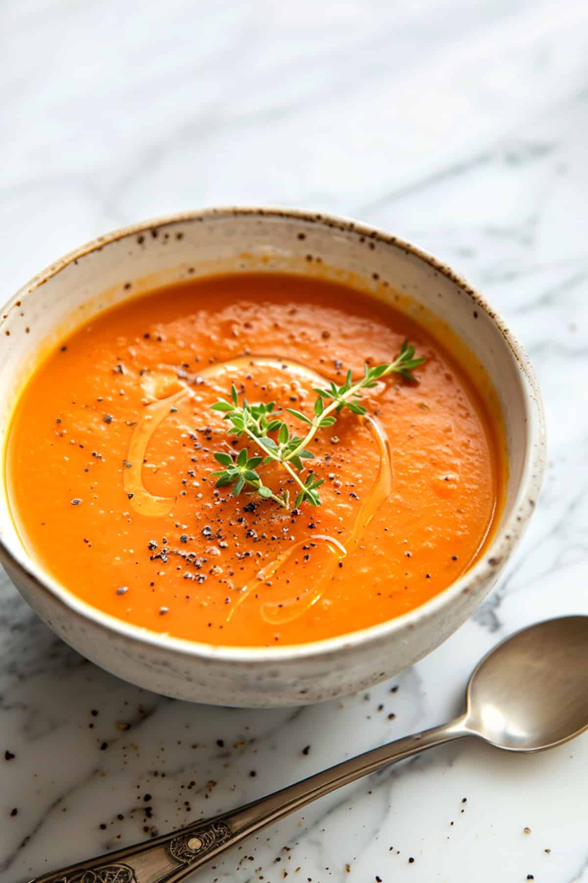 Roasted tomato soup in a bowl with thyme and olive oil.