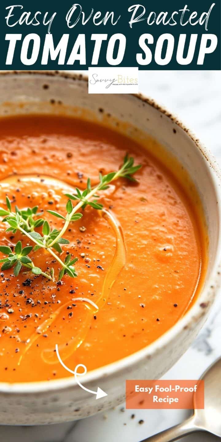 Roasted tomato soup with herbs in a white bowl.