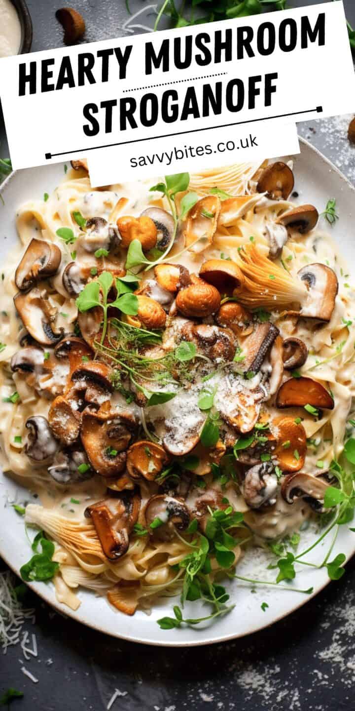 Creamy mushroom stroganoff over noodles.