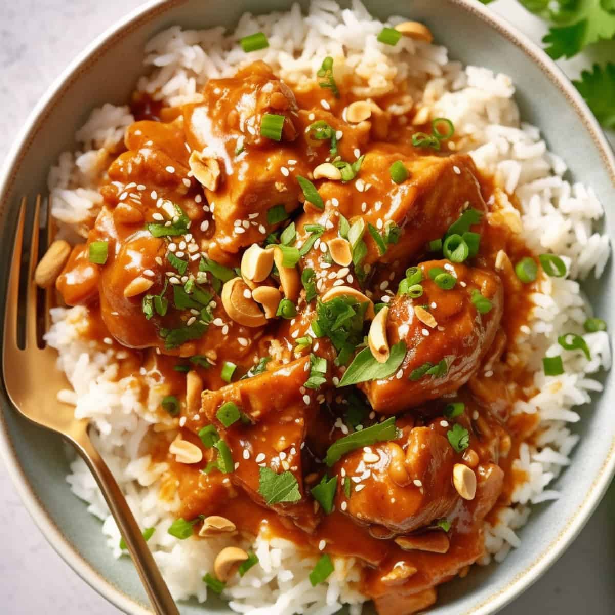 Peanut butter chicken in a white bowl with herbs and peanuts.