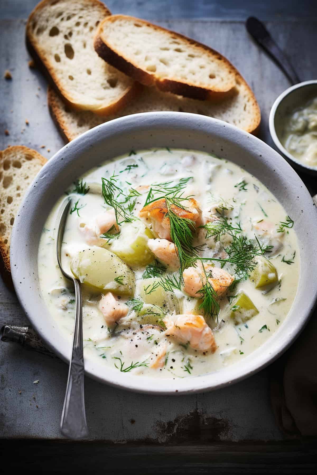 Seafood chowder with potatoes and herbs.