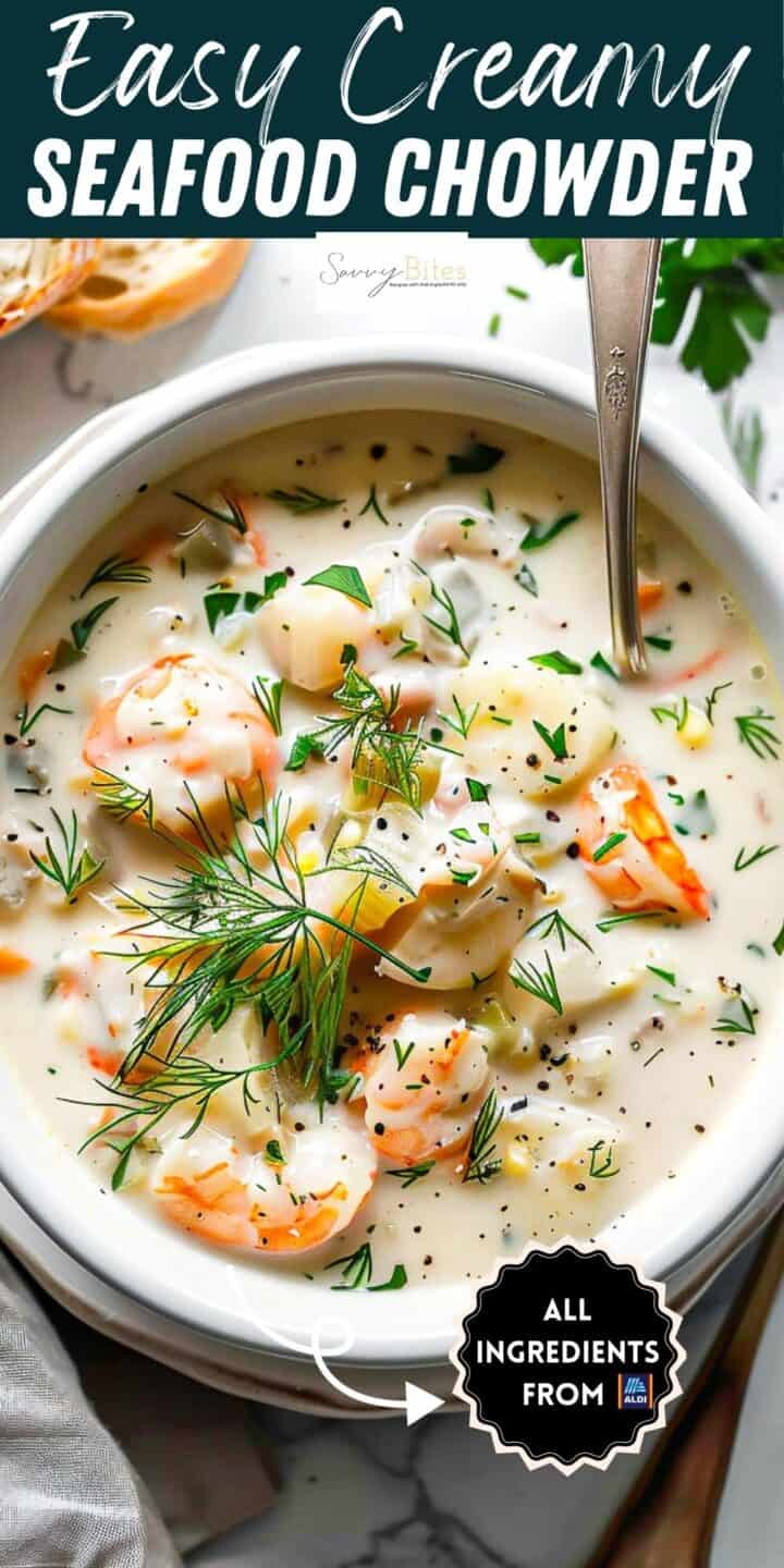 Easy creamy seafood chowder in a white bowl.