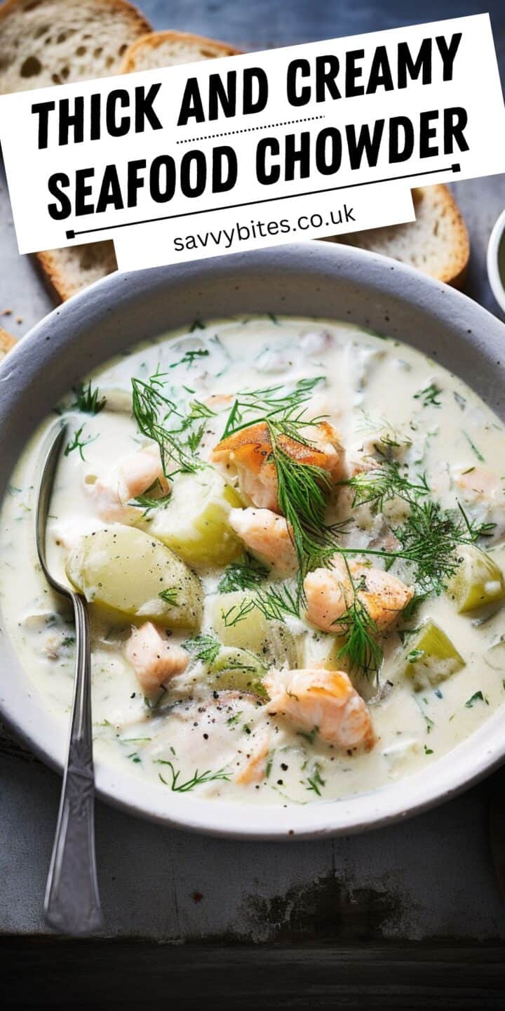 Rich and creamy seafood chowder with herbs and text overlay.