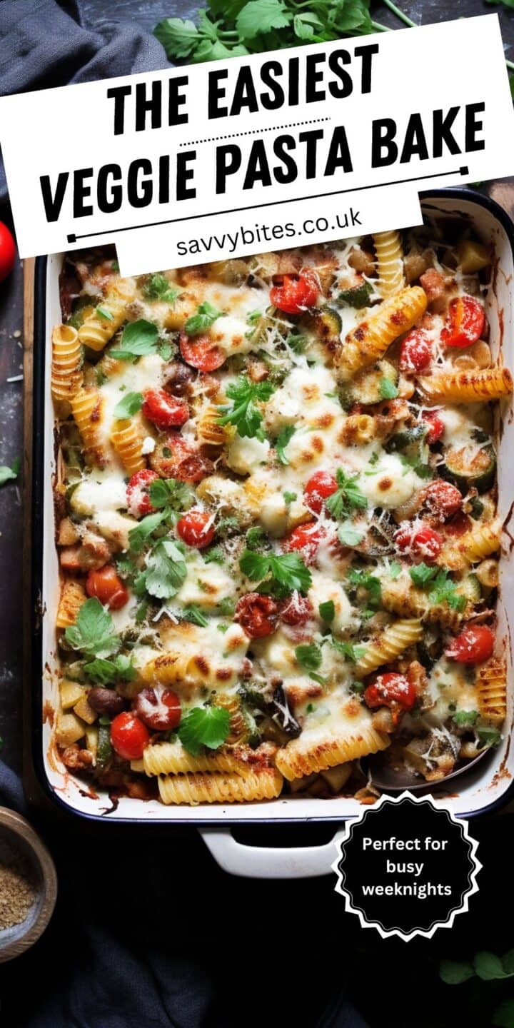 Vegetable pasta bake on a blue table.