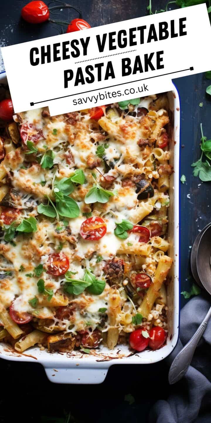 Vegetable pasta bake on a blue table.