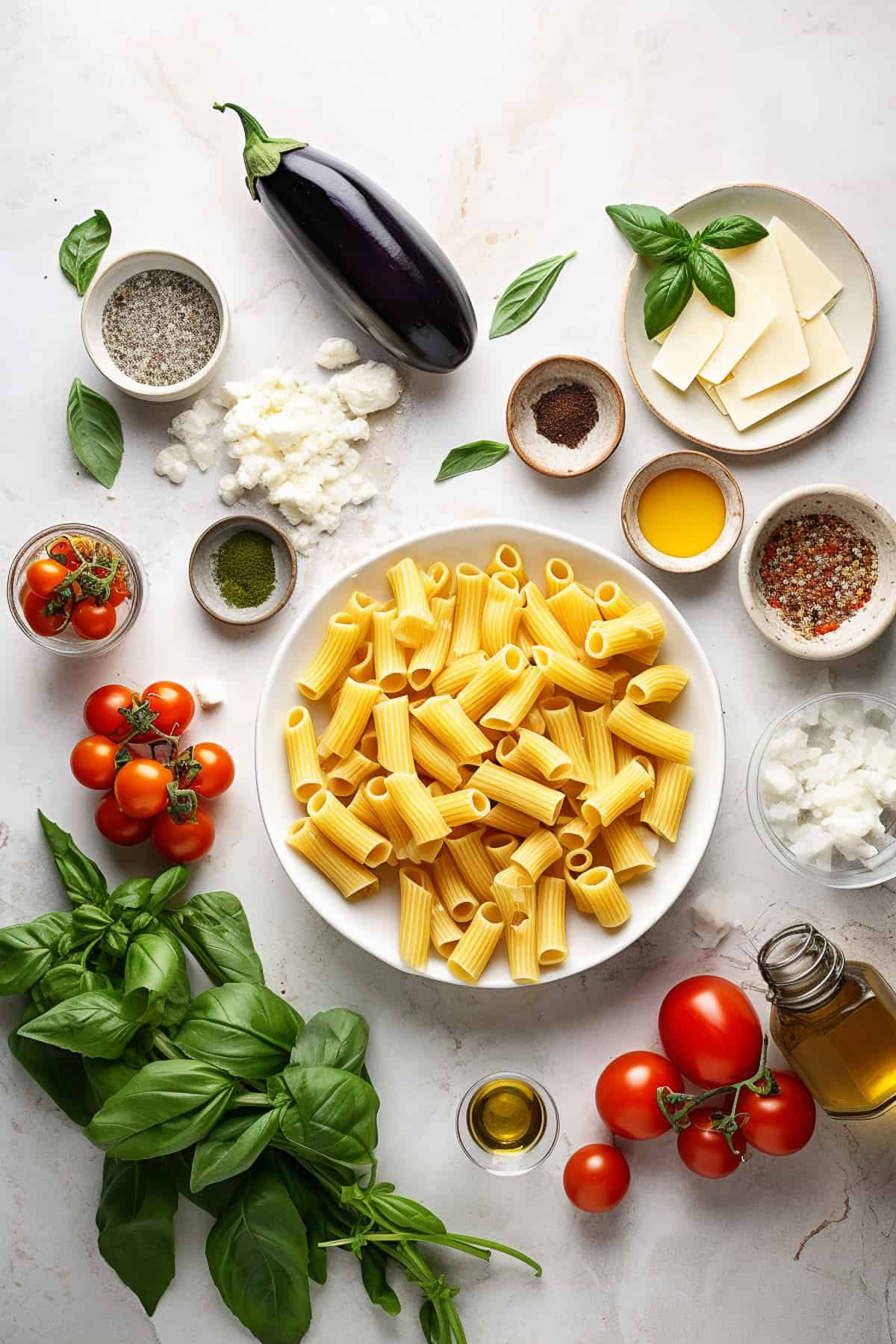 Ingredients for vegetable pasta bake.