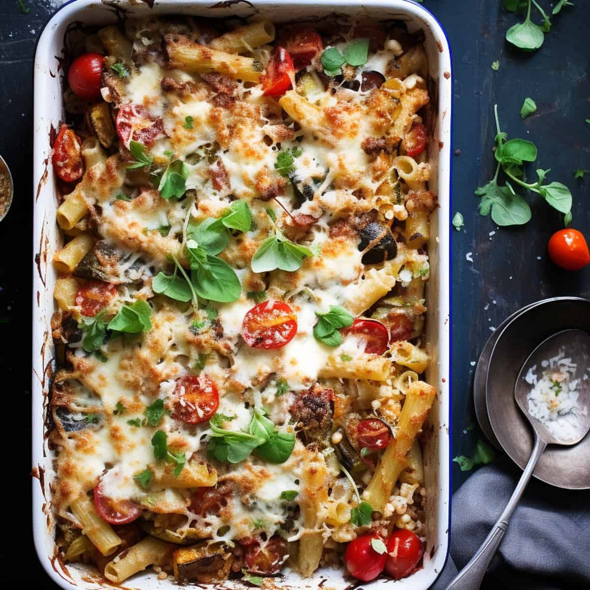 Vegetable pasta bake with tomatoes and cheese.