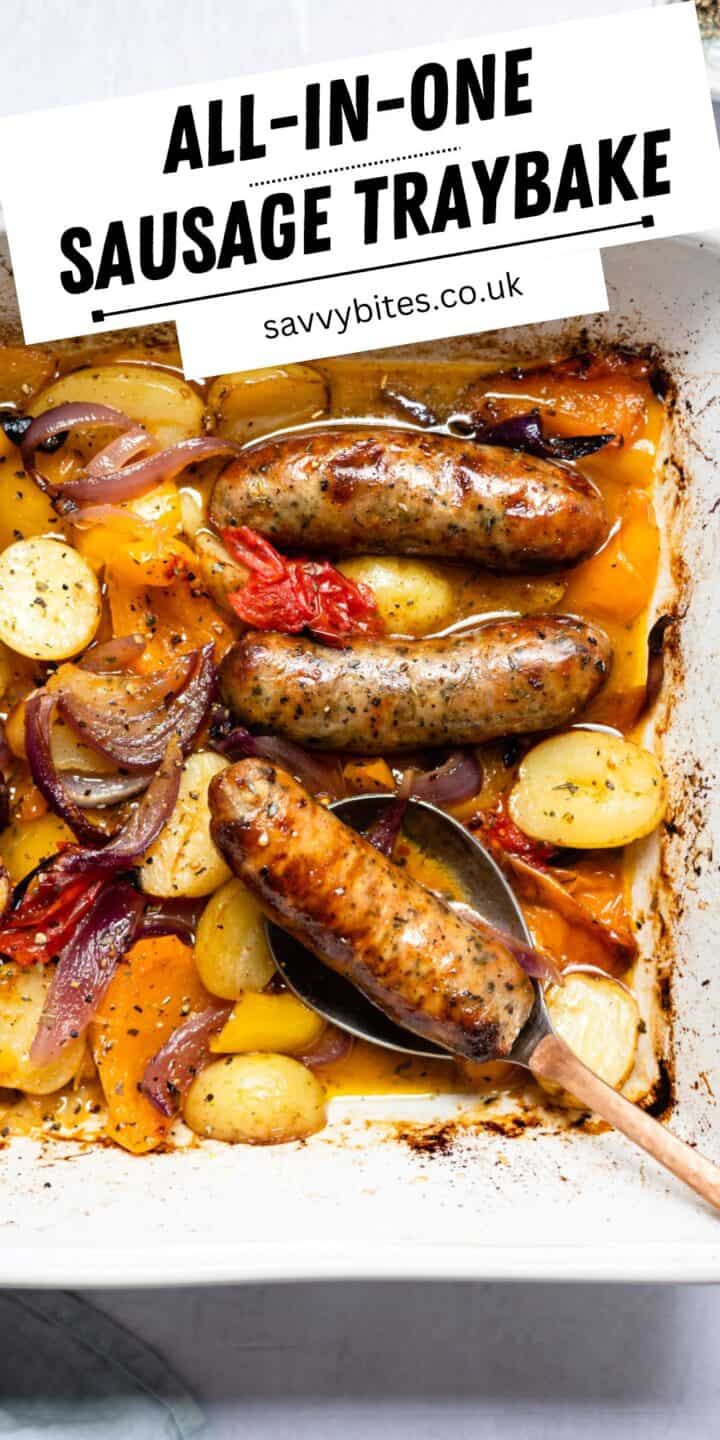 Sausage and potato tray bake with vegetables.