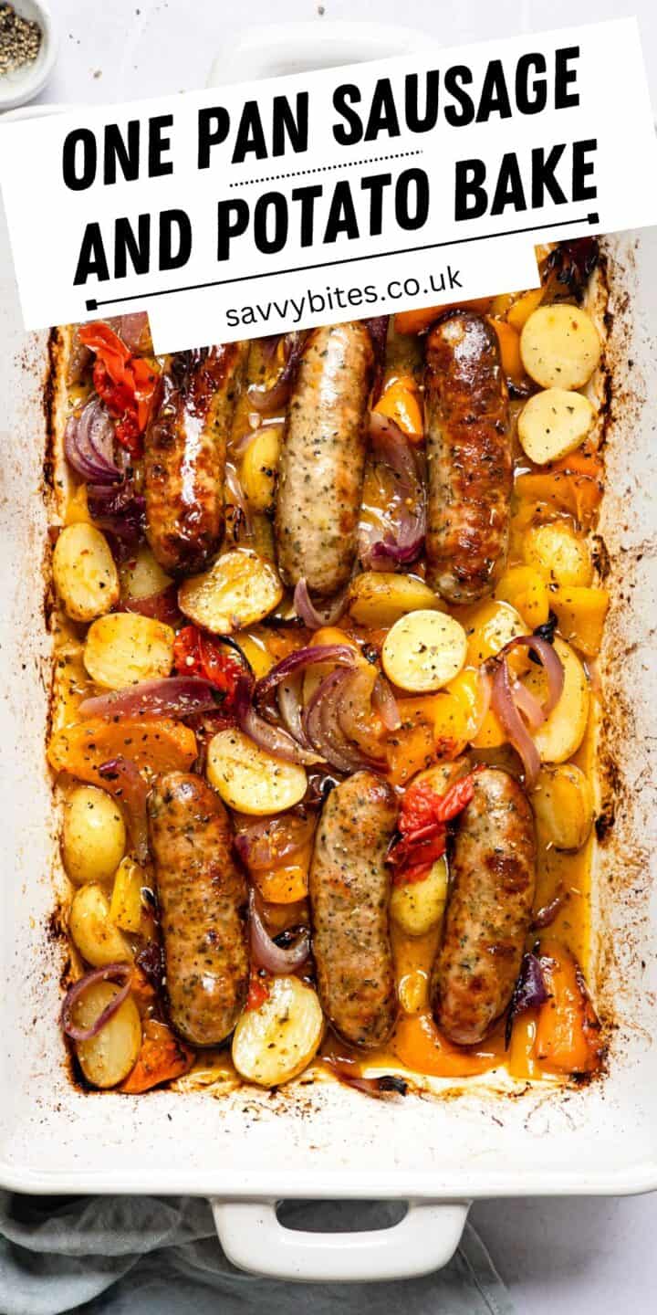 Sausage and potato tray bake with vegetables.