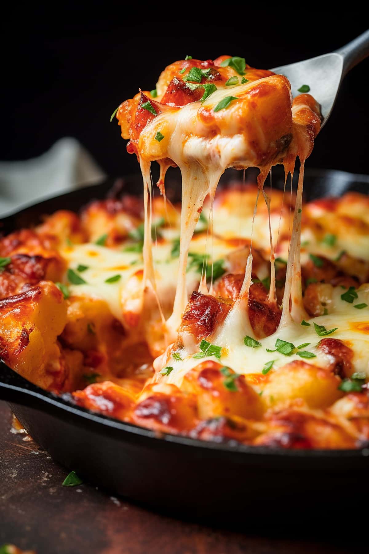 Baked gnocchi with lots of melted cheese.