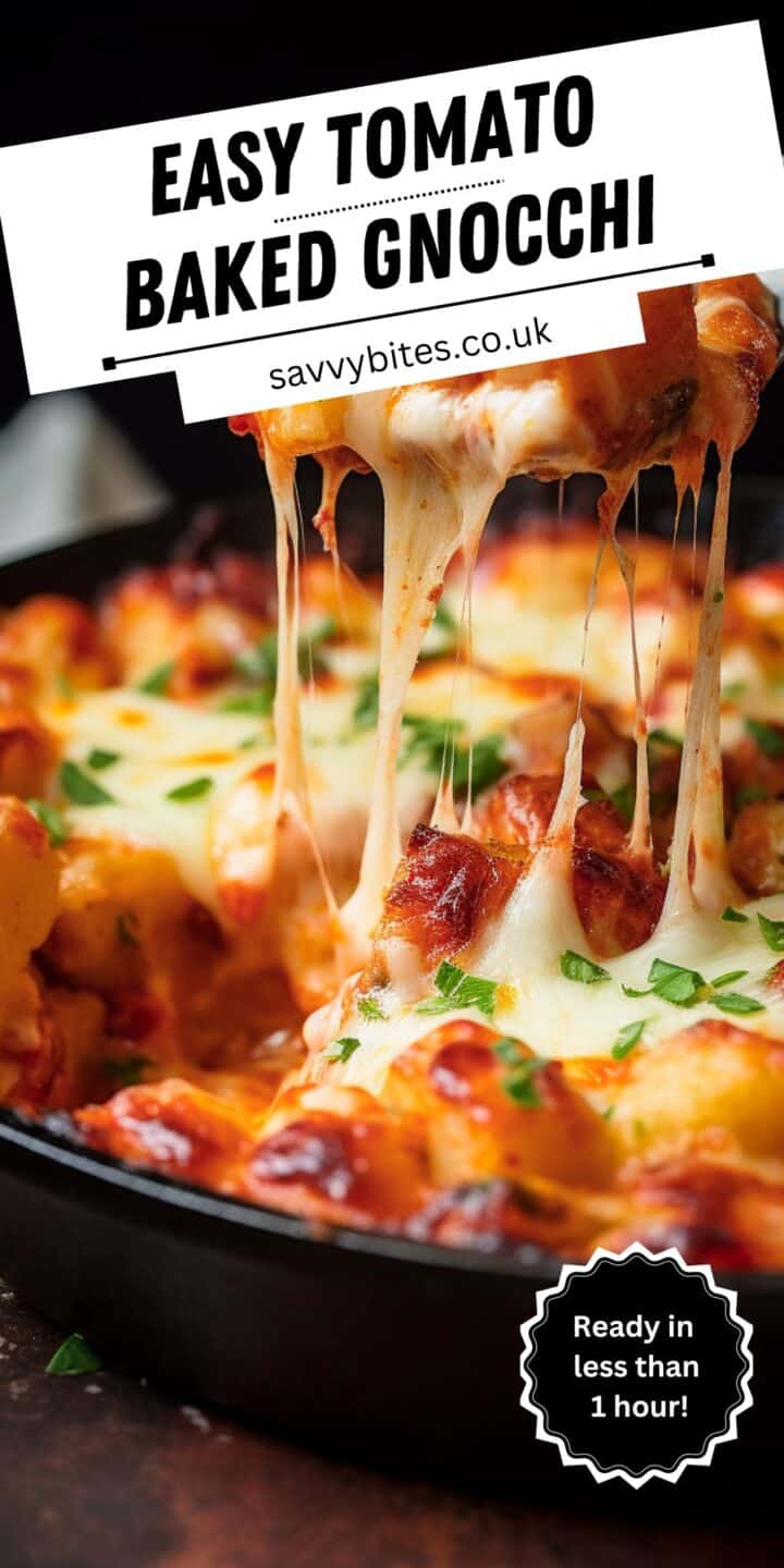 Cheesy baked gnocchi in a pan with lots of melted cheese.
