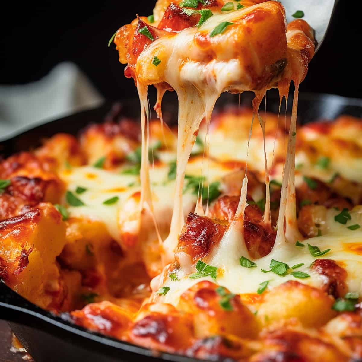 Baked gnocchi with lots of melted cheese.