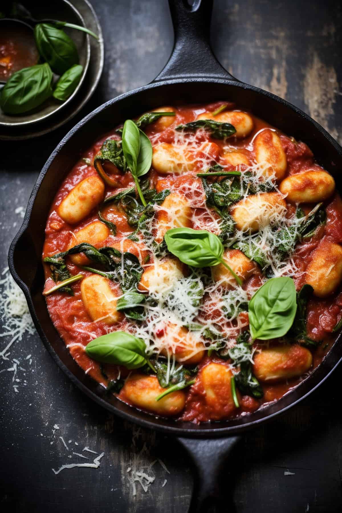 Baked gnocchi with basil and cheese.