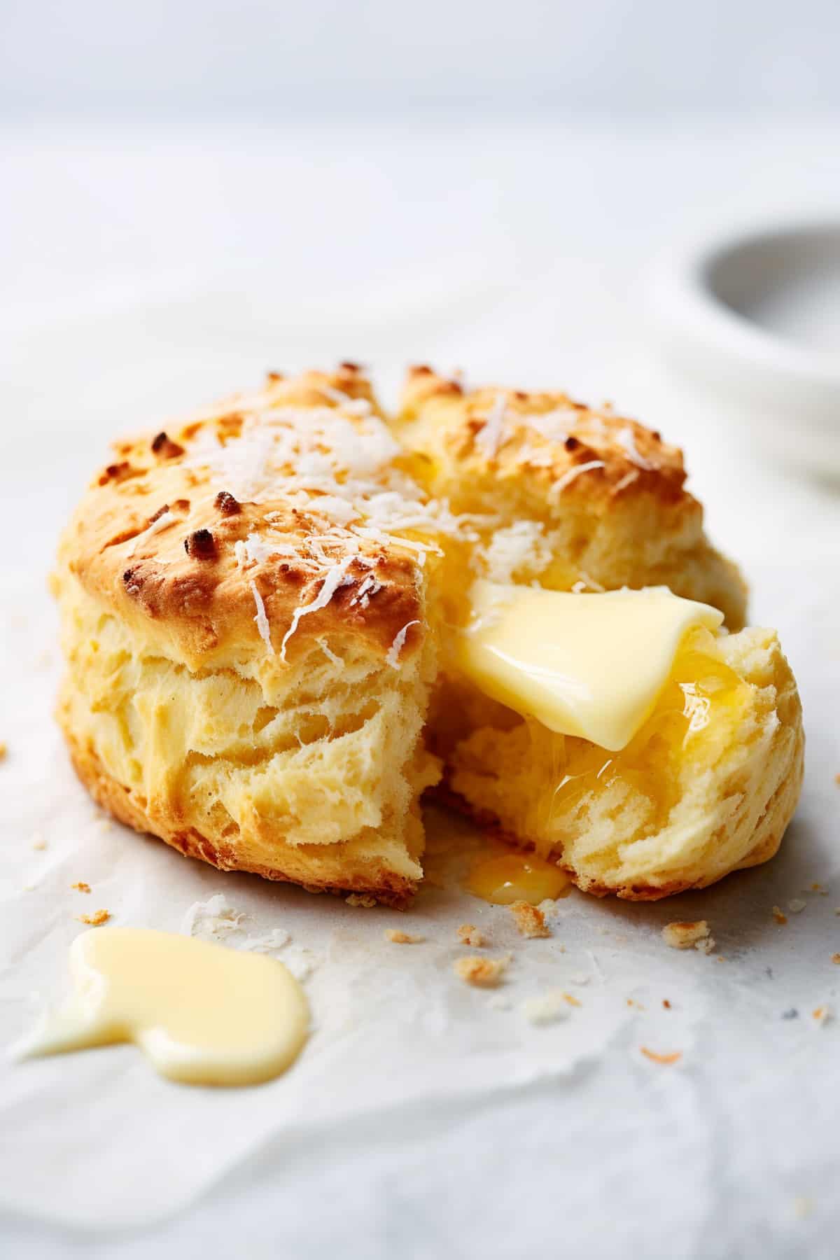 Warm cheese scone with melting butter.