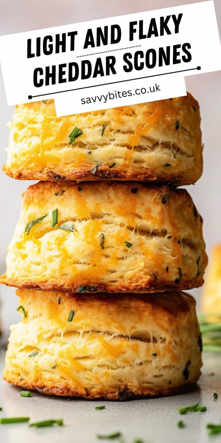 Cheese scones in a stack with text overlay.