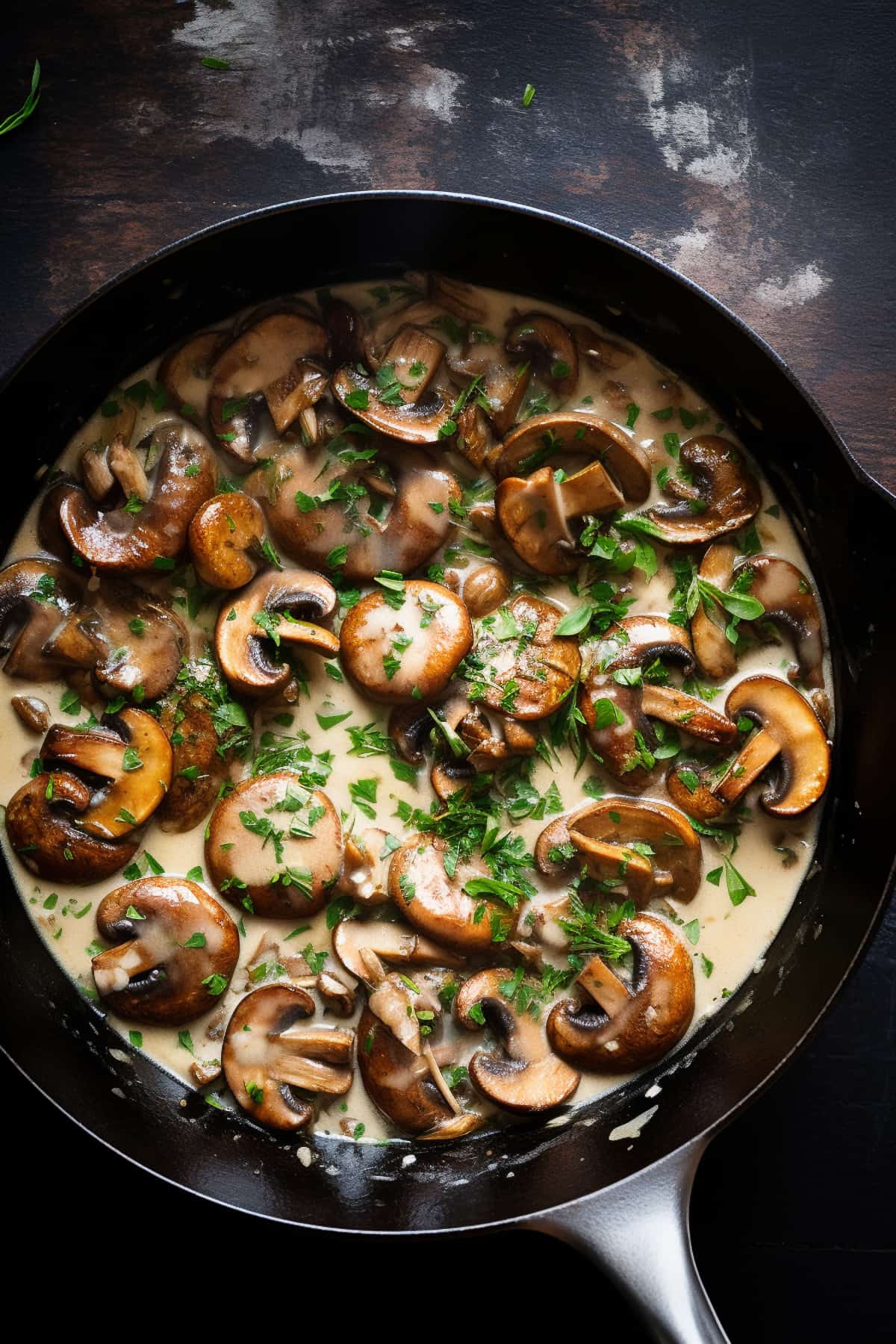 Mushroom stroganoff sauce in a pan.