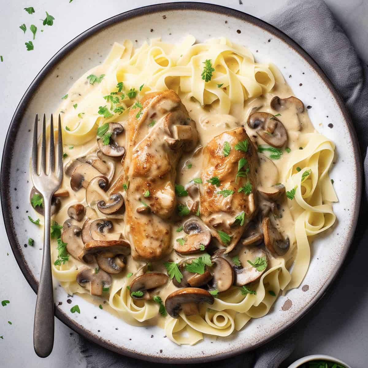 Chicken stroganoff with egg noodles on a plate.