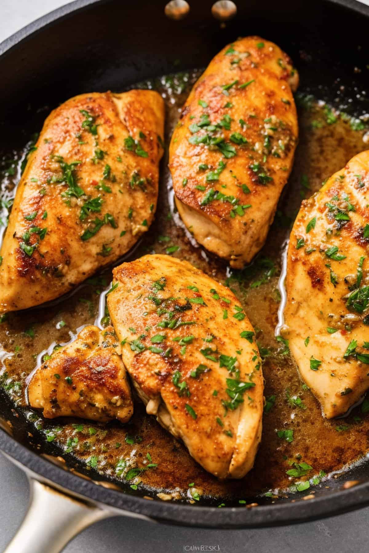 Seared chicken in a frying pan.