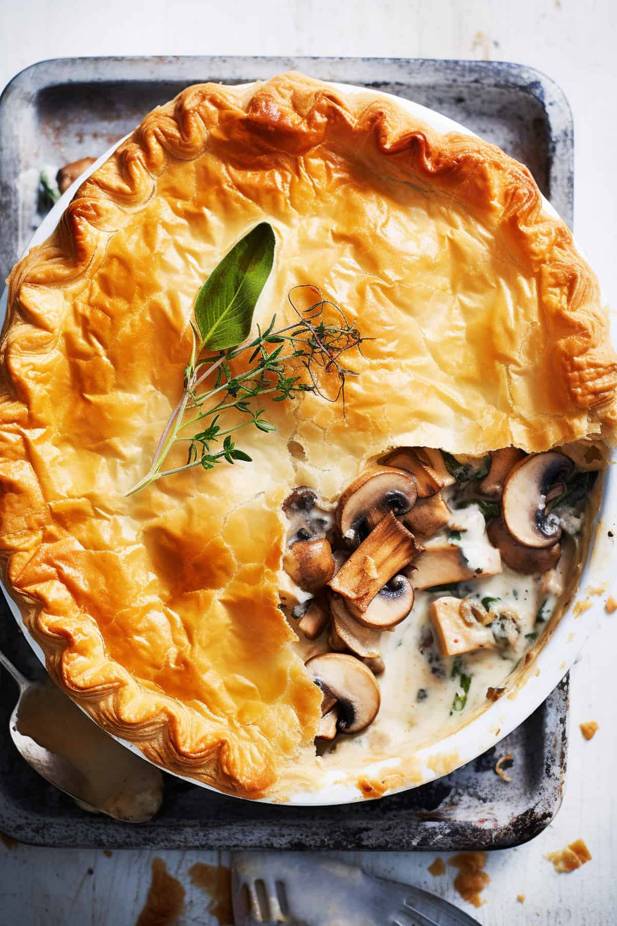 Chicken and mushroom pie with puff pastry.