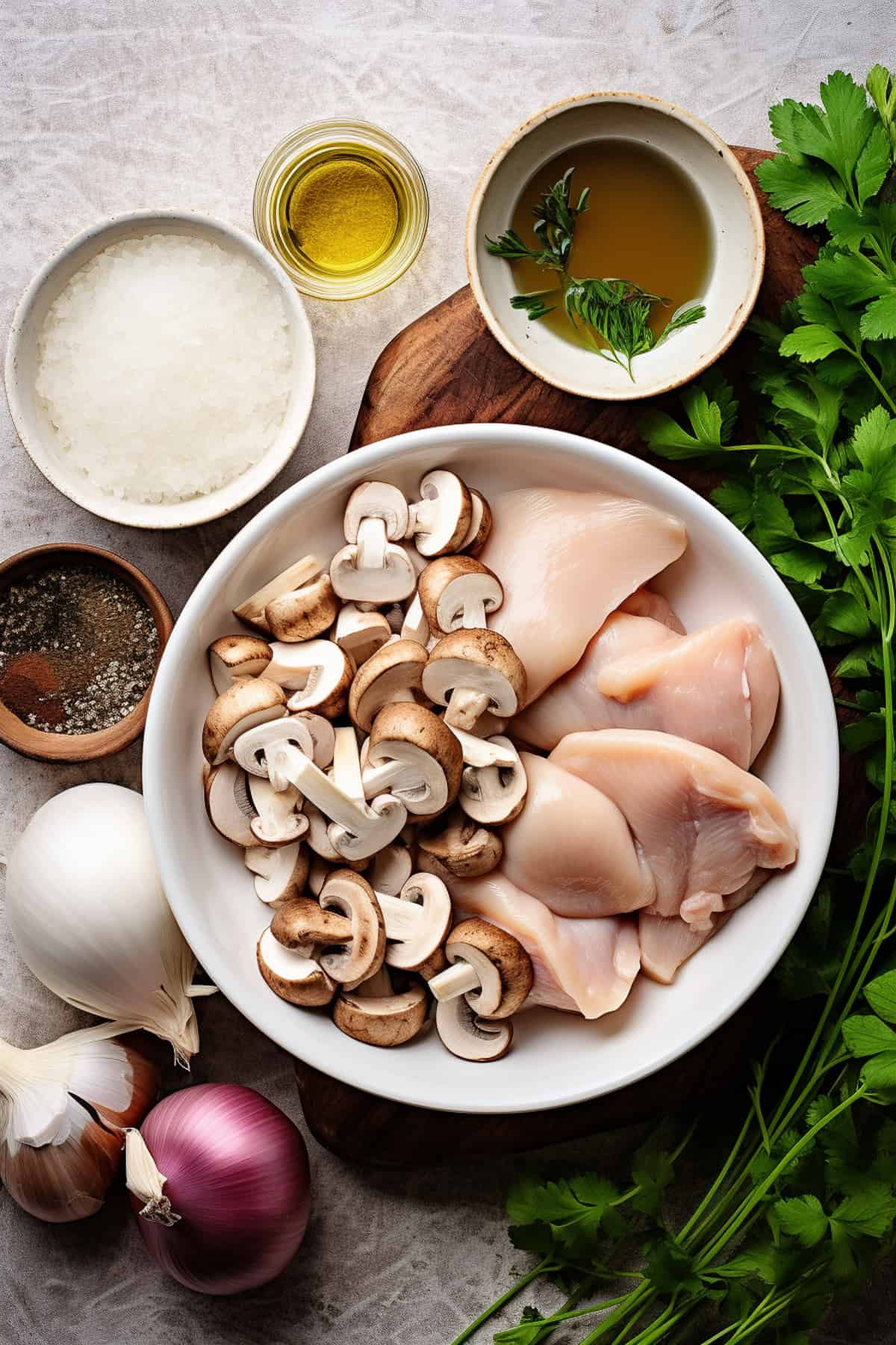 Ingredients for chicken stroganoff on a white table.