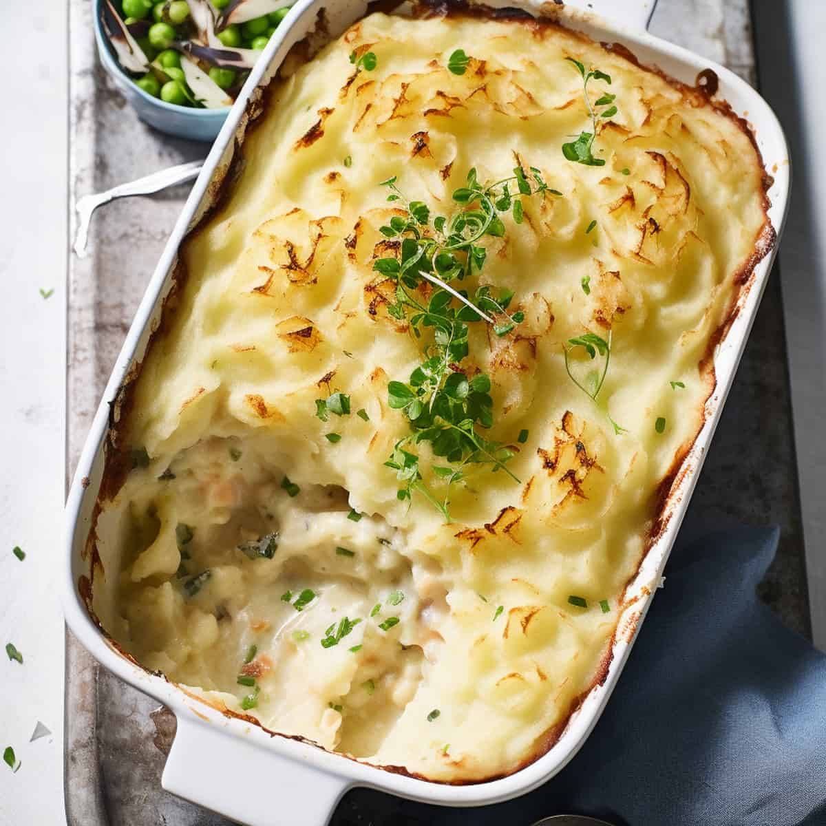 Fish pie in a baking dish with mashed potato topping.