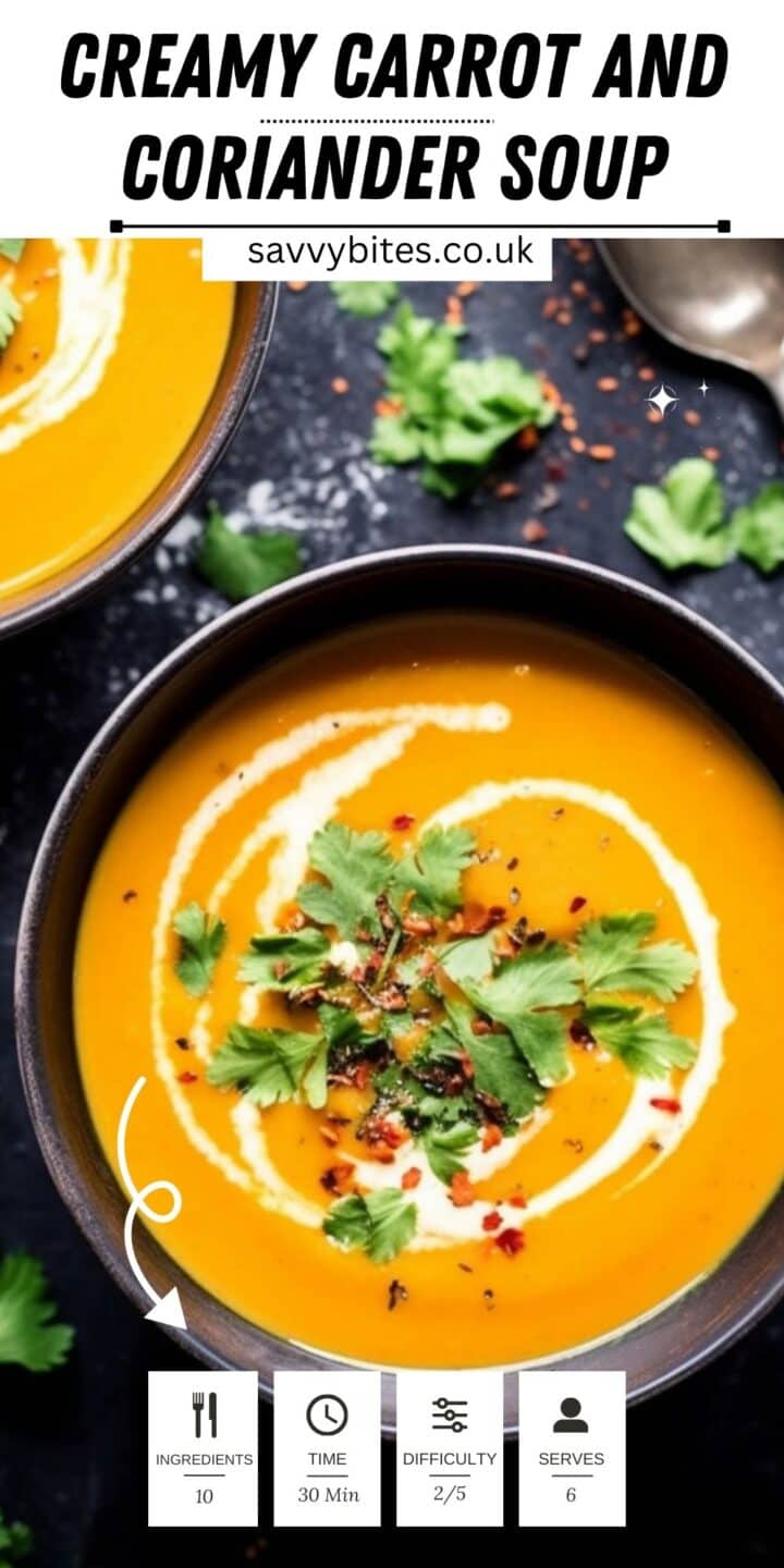 Carrot and coriander soup in a bowl with cream.