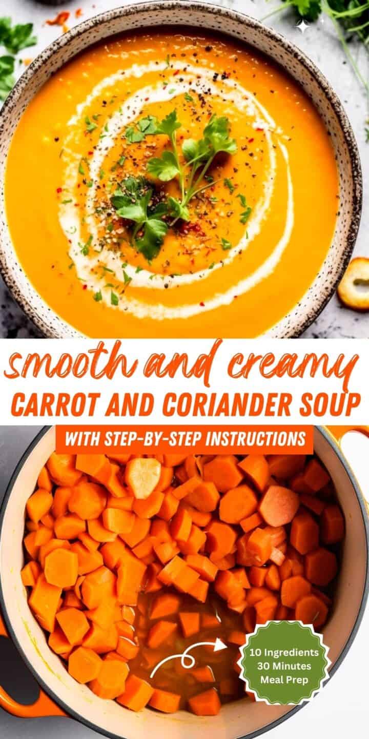 Carrot and coriander soup in a bowl with cream.