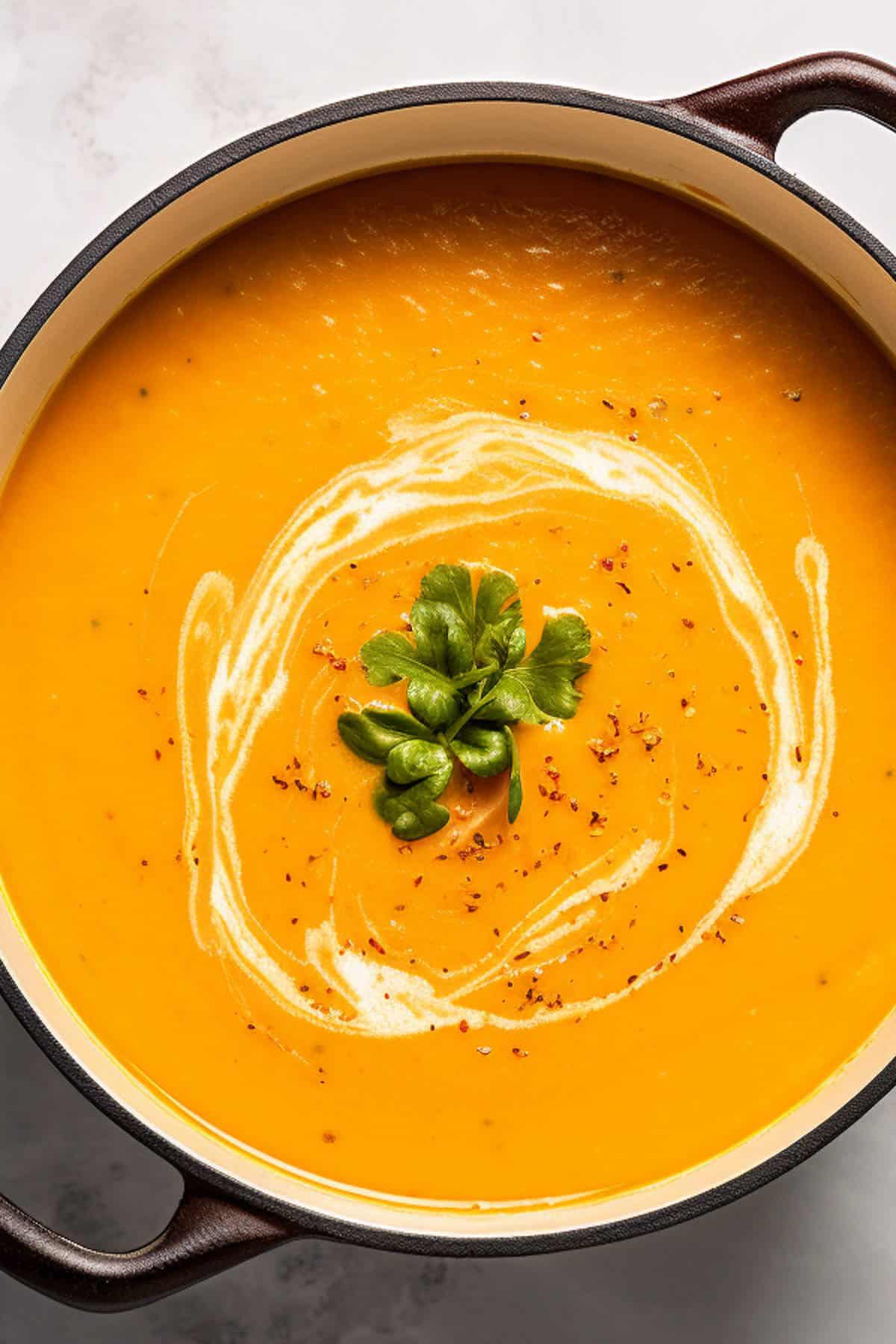 Blended carrot soup in a pot with a swirl of cream.