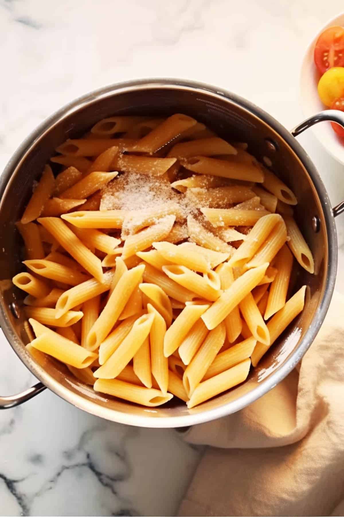 Cooked penne in a colander for baked chicken pasta.