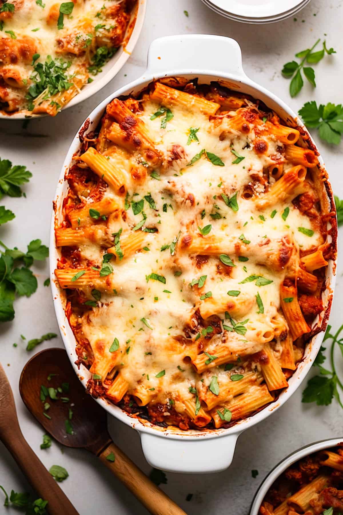 Chicken pasta bake with cheese and parsley in a white dish.