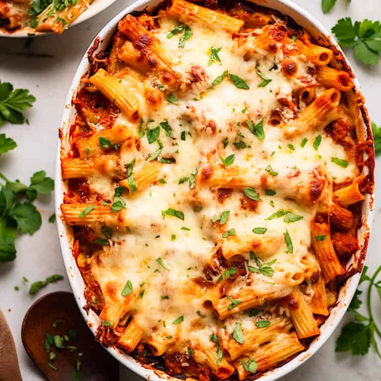 Chicken pasta bake with cheese and parsley in a white dish.
