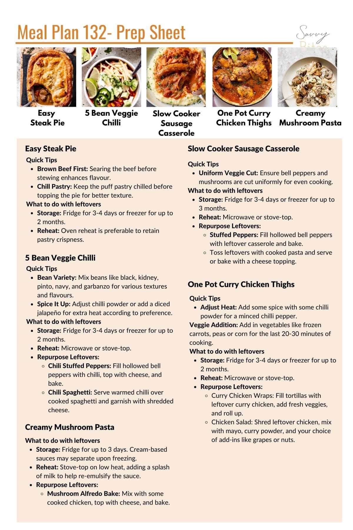 Tip sheet for budget meal plan 132 with Aldi recipes.