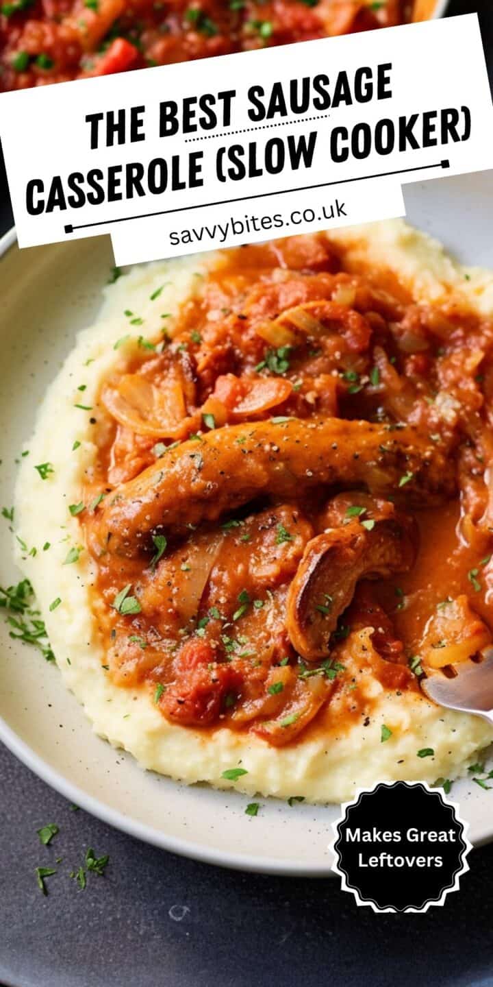 Slow cooker sausage casserole with text overlay.