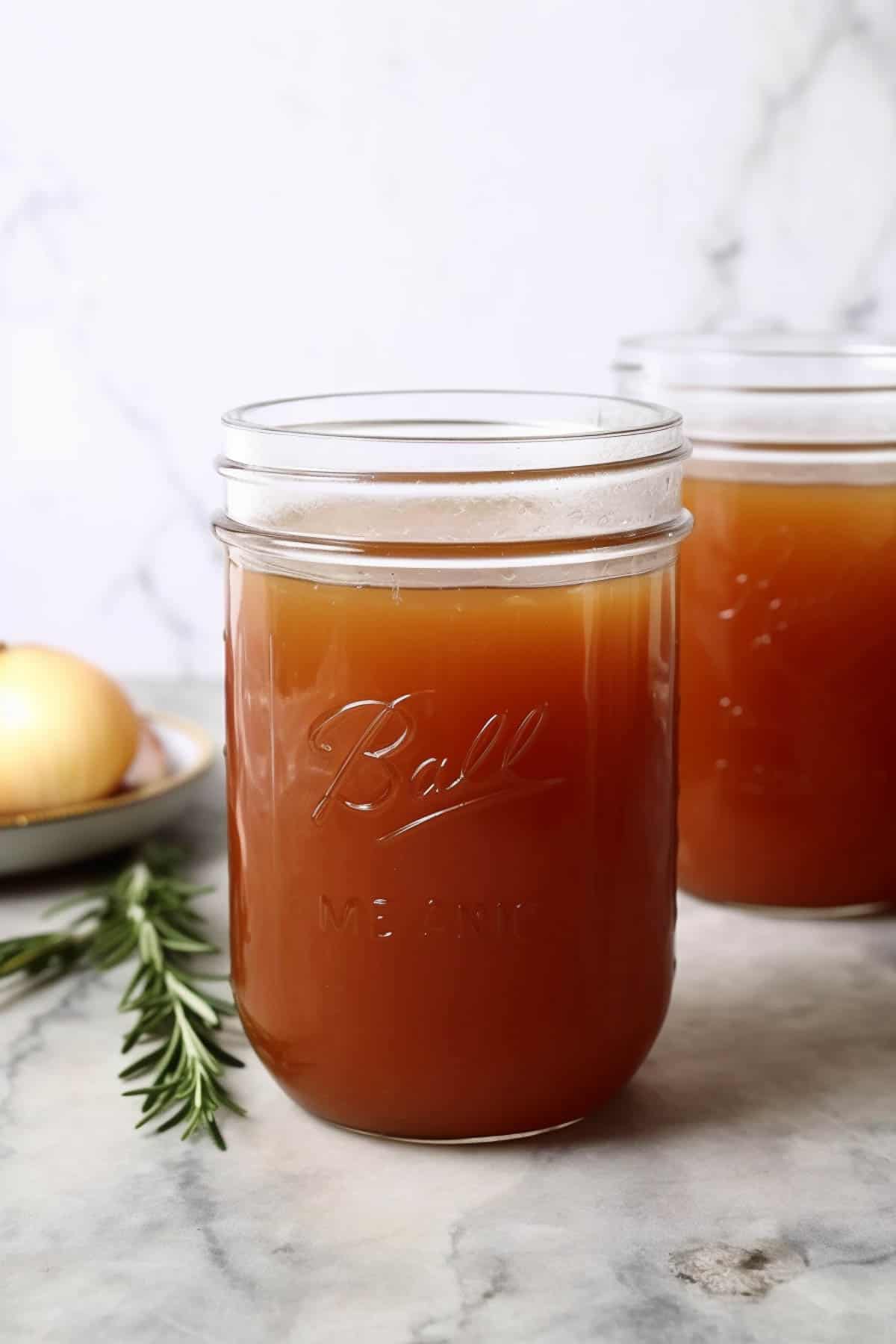 Beef stock for slow cooker sausage casserole in a jar.