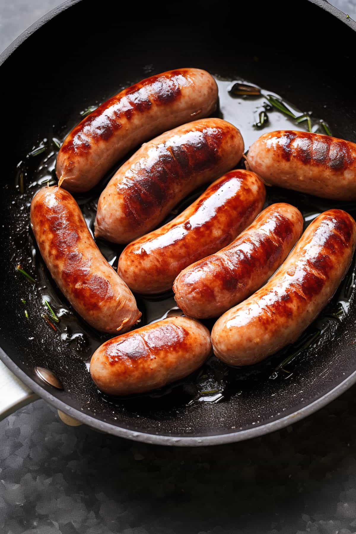 Sausages being browned in a pan for casserole.