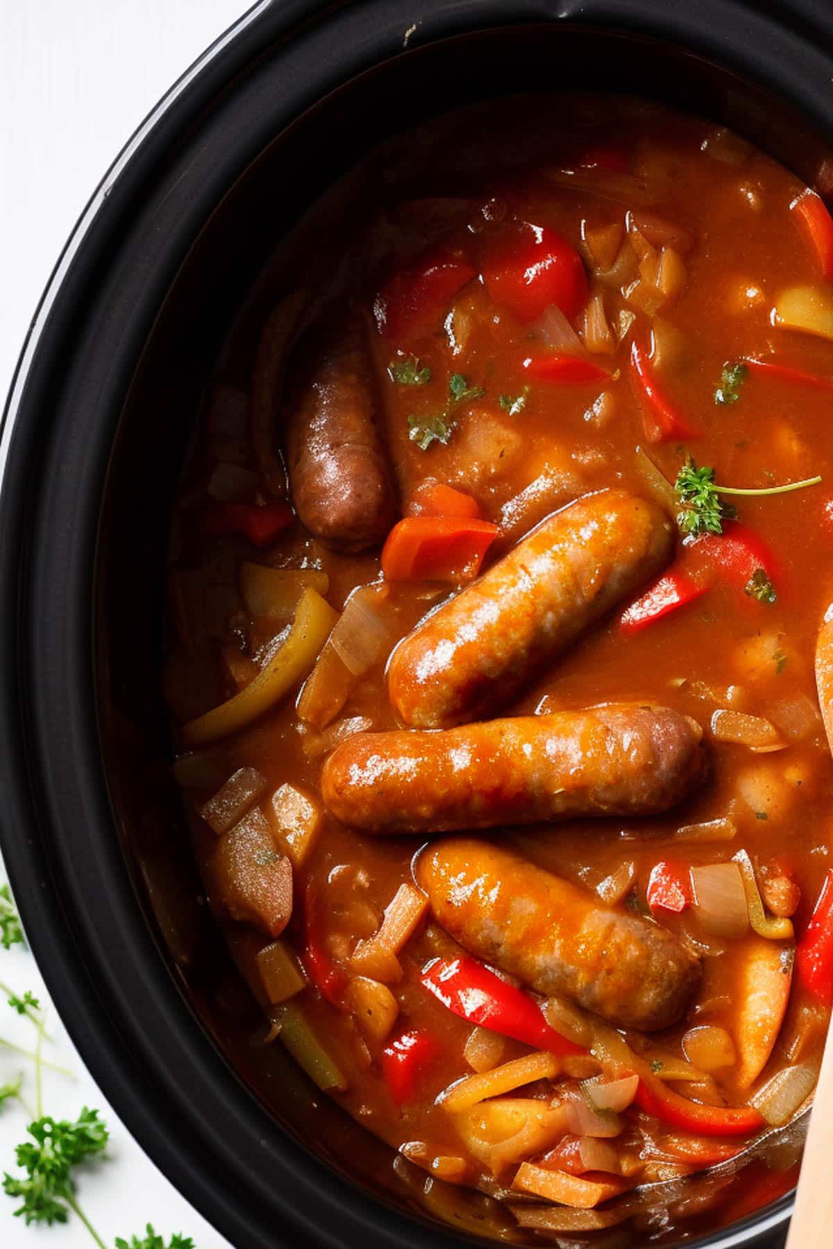 Slow cooker sausage casserole in the slow cooker.