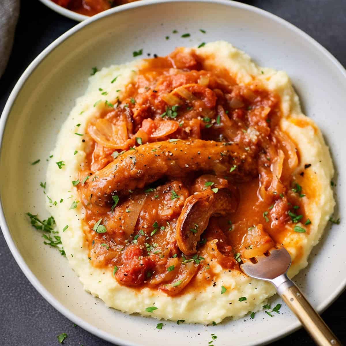 Slow cooker sausage casserole over mashed potatoes with mushrooms and peppers.