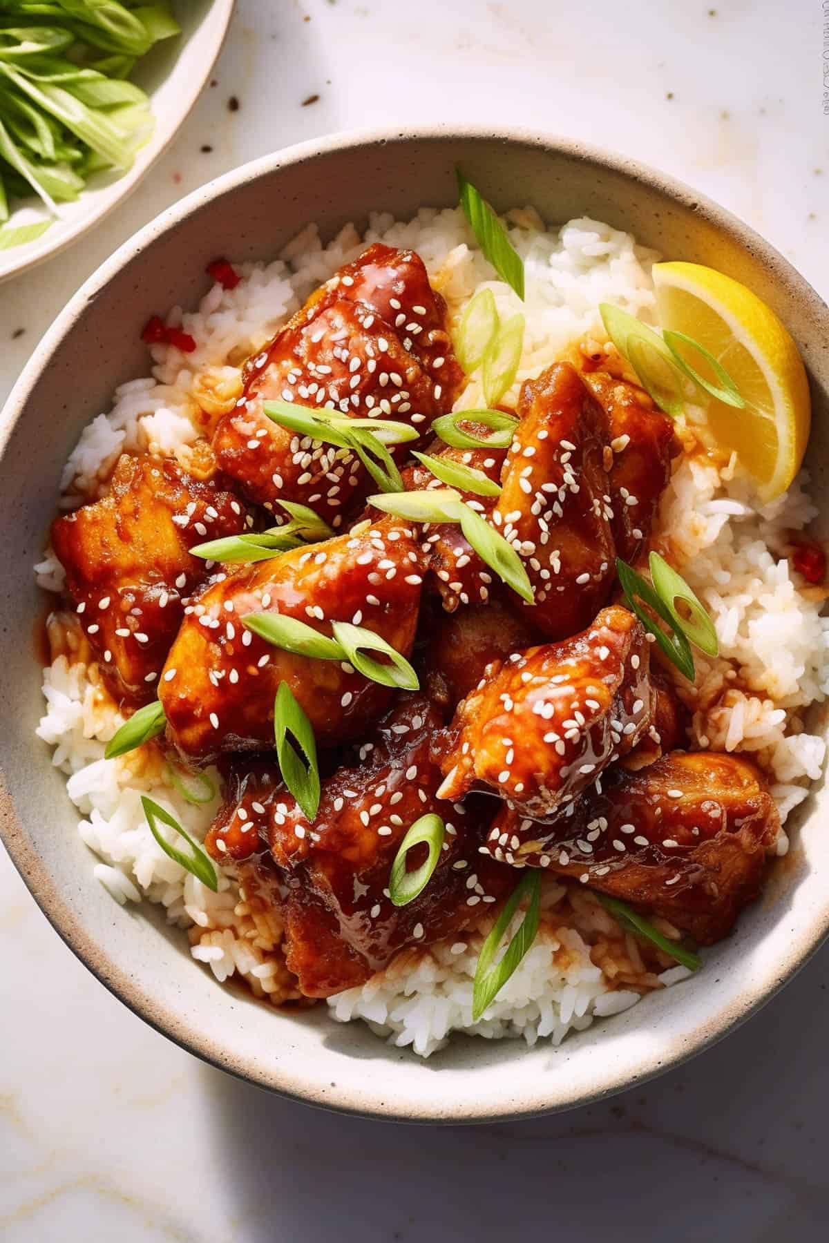 Korean chicken over rice in a white bowl.